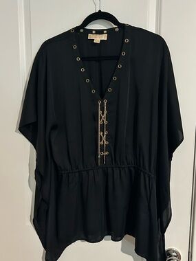 Michael Kors Black V-Neck Tunic with Gold Eyelet & Chain Trim